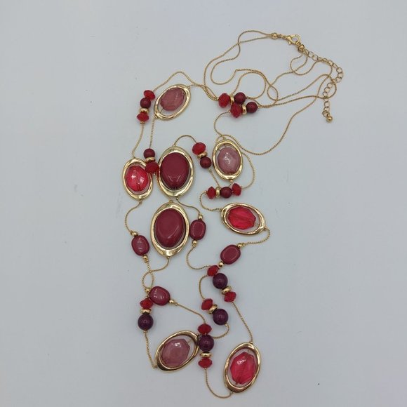 Gold Toned Chain Resin Stones Faceted Pink Ruby Red Very Long Double Strand 36" - Picture 1 of 6